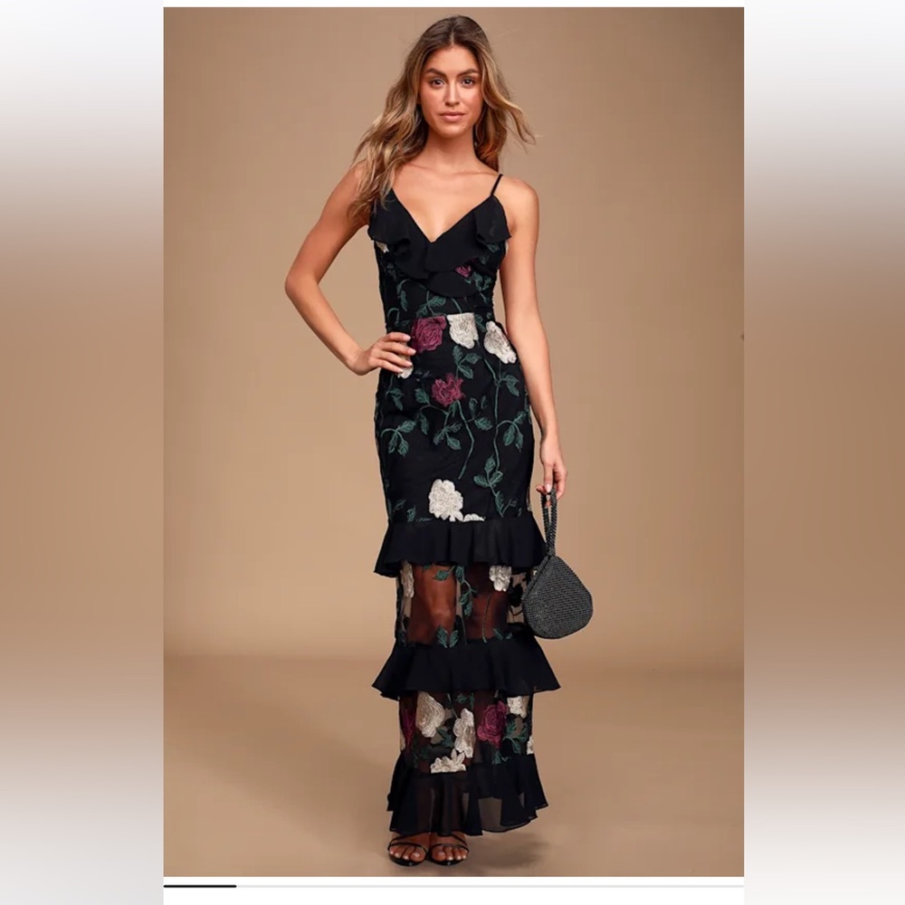 Lulus True to Heart Black Floral Embroidered Maxi Dress